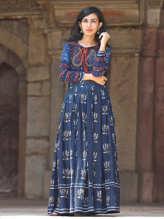 Naaz Lotus Mystique - Hand Block Printed Embroidered Long Cotton Pleated Flare Dress - DS70F001