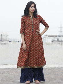 Rust Olive Black Mustard Hand Block Printed Kurti With 3/4 Sleeve And Stand Collar - K14F608