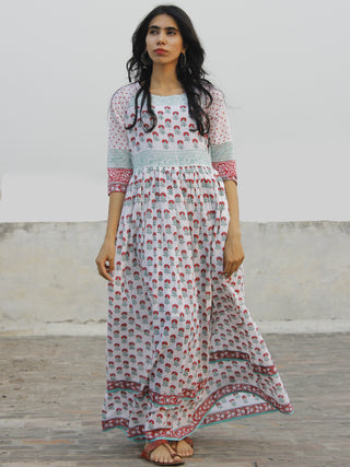 Naaz Gul - White Dark Pink Green Hand Block Printed Dress With Raglan Sleeves & Gathers -  DS34F001
