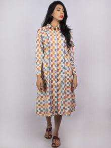 Ivory Blue Grey Plum Ikat Handwoven Cotton Shirt Dress With Pockets - D3157401