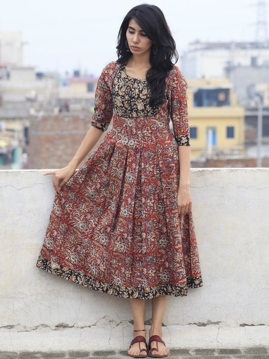 Red Beige Blue Mustard Black Hand Block Printed Cotton Dress With Box Pleats and side pockets- D70F577