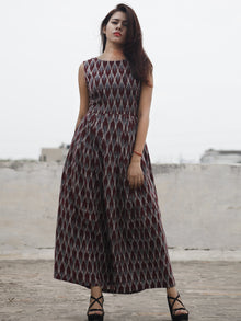 Rust Grey Ivory Long Sleeveless Handwoven Ikat Dress With Knife Pleats & Side Pockets - D32F973