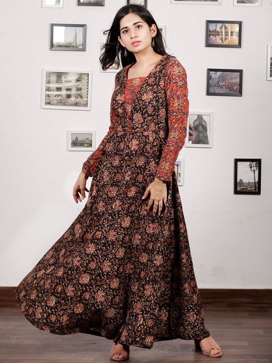 Black Maroon Brown Red Hand Block Printed Long Cotton Dress With Kali Style - D190F1223