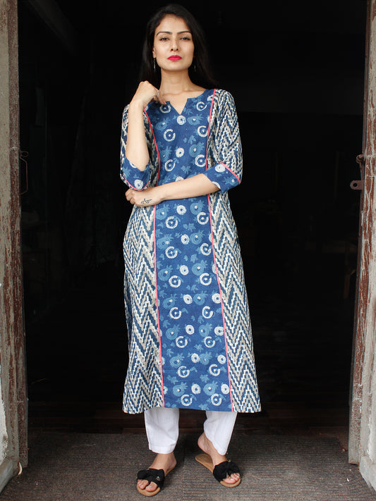 Indigo White Grey Hand Block Printed Cotton Kurta  - K124F1113