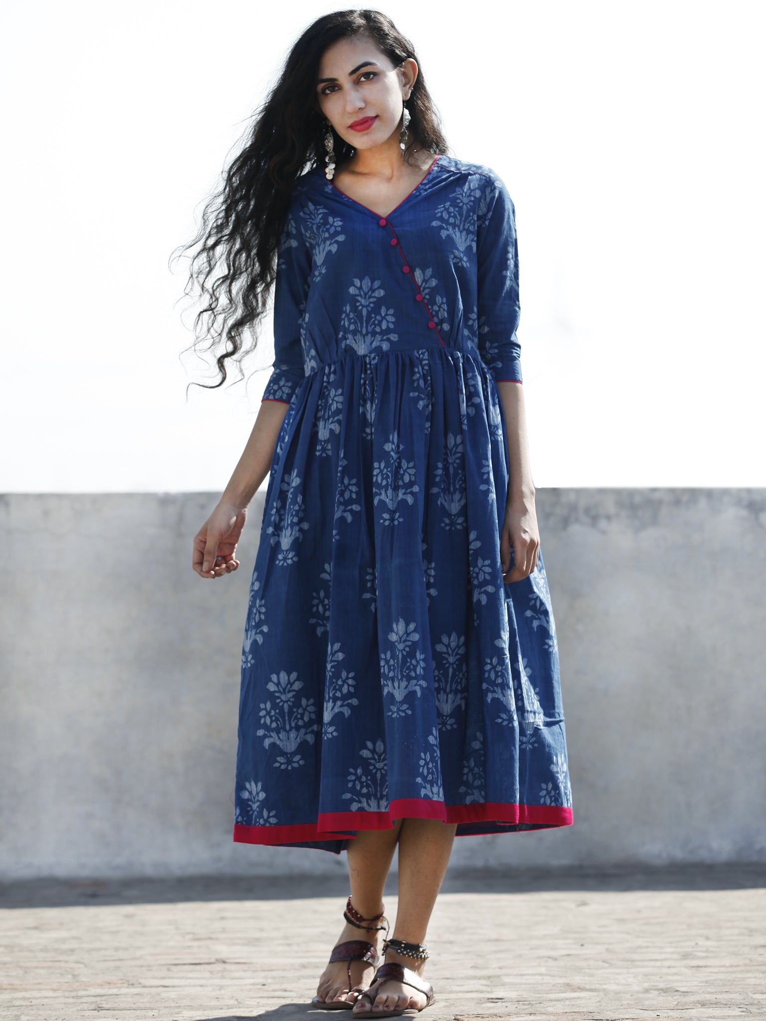 Indigo Magenta Hand Block Printed Cotton Midi Length Dress With Angrak ...