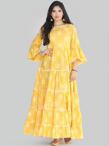 Maira - Yellow Bandhani Printed Tier Long Dress With Lace Insert - D407F2204