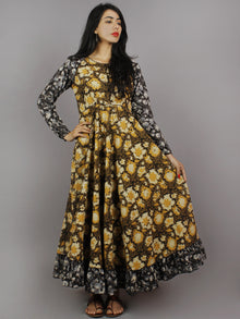 Mustard Yellow Black Grey Hand Block Printed Long Cotton Dress With Gather - D0655619