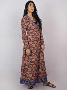 Maroon Beige Blue Black Hand Block Printed Kantha Stitched Long Cotton Angrakha Dress - D2056502