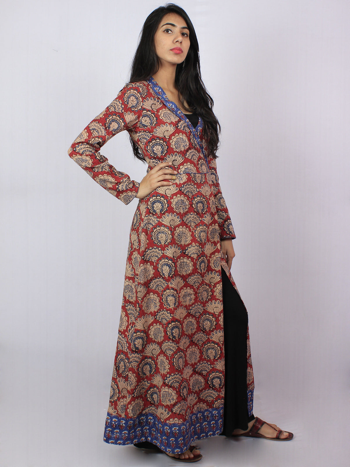 Maroon Beige Blue Black Hand Block Printed Kantha Stitched Long Cotton Angrakha Dress - D2056502