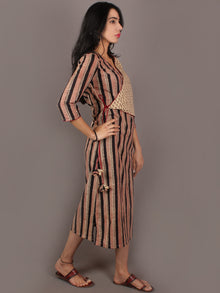 Red Black Beige Hand Block Printed Angrakha Cotton Dress - D1731501