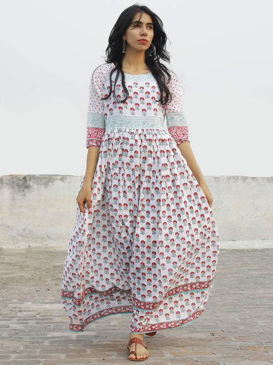 Naaz Gul - White Dark Pink Green Hand Block Printed Dress With Raglan Sleeves & Gathers -  DS34F001