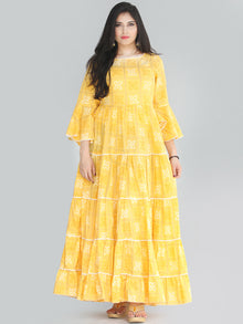 Maira - Yellow Bandhani Printed Tier Long Dress With Lace Insert - D407F2204