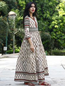 Naaz Ivory Olive Green Maroon Black Hand Block Printed Long Cotton Dress with Gathers & Stand Collar - DS03F002