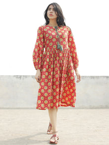 Coral Red Mustard Olive Green Black Hand Block Printed Cotton Dress with Peasant Sleeves    - D164F1092