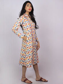 Ivory Blue Grey Plum Ikat Handwoven Cotton Shirt Dress With Pockets - D3157401