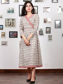 White Red Black Bagh Printed Cotton Midi Length Angrakha Dress  - D299F1702