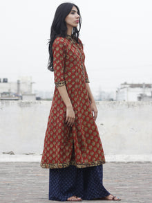 Rust Olive Black Mustard Hand Block Printed Kurti With 3/4 Sleeve And Stand Collar - K14F608