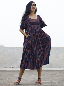 Deep Indigo Maroon Beige Color Pleated Ajrak Dress With Ruffle Sleeve And Side Pockets  - D75F643