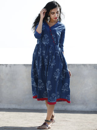 Indigo Magenta Hand Block Printed Cotton Midi Length Dress With Angrakha Neck - D192F904