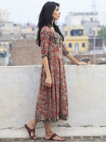 Red Beige Blue Mustard Black Hand Block Printed Cotton Dress With Box Pleats and side pockets- D70F577