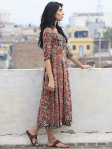 Red Beige Blue Mustard Black Hand Block Printed Cotton Dress With Box Pleats and side pockets- D70F577