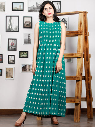 Teal Green White Long Sleeveless Handwoven Double Ikat Dress With Knife Pleats & Side Pockets - D32F1240