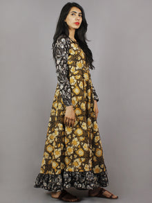 Mustard Yellow Black Grey Hand Block Printed Long Cotton Dress With Gather - D0655619