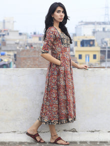 Red Beige Blue Mustard Black Hand Block Printed Cotton Dress With Box Pleats and side pockets- D70F577