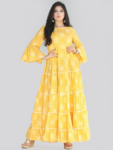 Maira - Yellow Bandhani Printed Tier Long Dress With Lace Insert - D407F2204