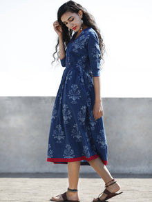 Indigo Magenta Hand Block Printed Cotton Midi Length Dress With Angrakha Neck - D192F904
