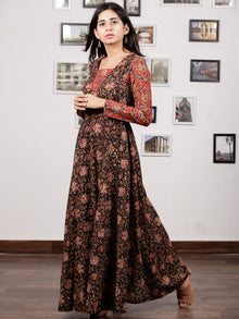 Black Maroon Brown Red Hand Block Printed Long Cotton Dress With Kali Style - D190F1223
