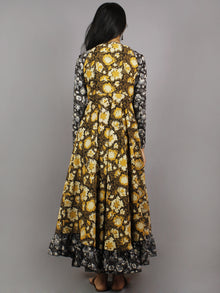 Mustard Yellow Black Grey Hand Block Printed Long Cotton Dress With Gather - D0655619