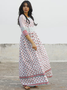 Naaz Gul - White Dark Pink Green Hand Block Printed Dress With Raglan Sleeves & Gathers -  DS34F001