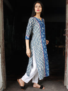 Indigo White Grey Hand Block Printed Cotton Kurta  - K124F1113