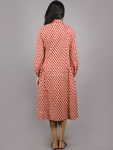 Red Ecru Hand Block Cotton Front Open Dress With Side Pleats & Shirt Collar - D4948501