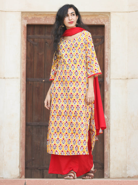 Garden In Yellow - Hand Block Printed Kurta Set With Dupatta - SS01F776