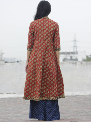 Rust Olive Black Mustard Hand Block Printed Kurti With 3/4 Sleeve And Stand Collar - K14F608