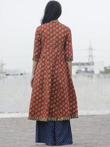 Rust Olive Black Mustard Hand Block Printed Kurti With 3/4 Sleeve And Stand Collar - K14F608