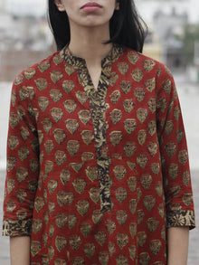 Rust Olive Black Mustard Hand Block Printed Kurti With 3/4 Sleeve And Stand Collar - K14F608