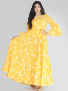 Maira - Yellow Bandhani Printed Tier Long Dress With Lace Insert - D407F2204