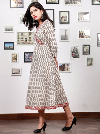White Red Black Bagh Printed Cotton Midi Length Angrakha Dress  - D299F1702