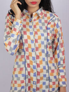 Ivory Blue Grey Plum Ikat Handwoven Cotton Shirt Dress With Pockets - D3157401