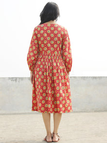Coral Red Mustard Olive Green Black Hand Block Printed Cotton Dress with Peasant Sleeves    - D164F1092