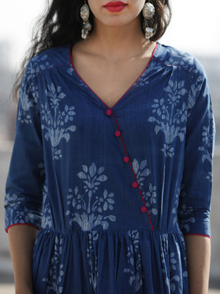 Indigo Magenta Hand Block Printed Cotton Midi Length Dress With Angrakha Neck - D192F904