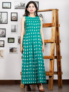 Teal Green White Long Sleeveless Handwoven Double Ikat Dress With Knife Pleats & Side Pockets - D32F1240