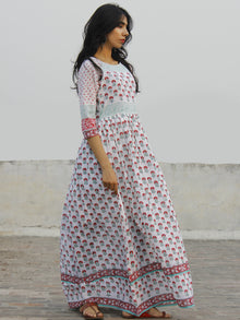 Naaz Gul - White Dark Pink Green Hand Block Printed Dress With Raglan Sleeves & Gathers -  DS34F001