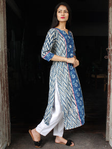 Indigo White Grey Hand Block Printed Cotton Kurta  - K124F1113
