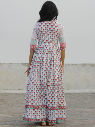 Naaz Gul - White Dark Pink Green Hand Block Printed Dress With Raglan Sleeves & Gathers -  DS34F001