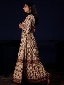Naaz Beige Rust Blue Brown Black Hand Block Printed Long Cotton Tier Dress - DS63F001