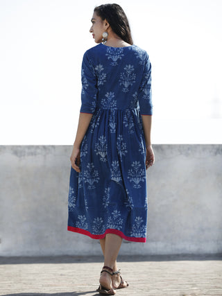 Indigo Magenta Hand Block Printed Cotton Midi Length Dress With Angrakha Neck - D192F904